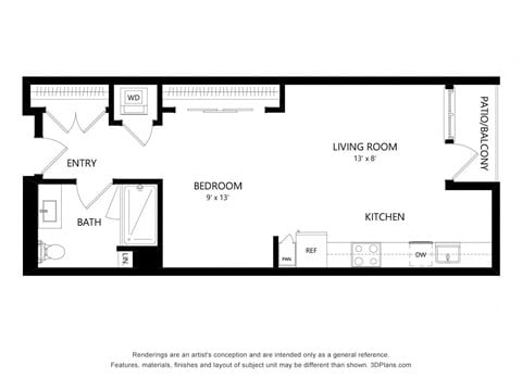 Floor plan for studio, 1 bath, 644 sqft